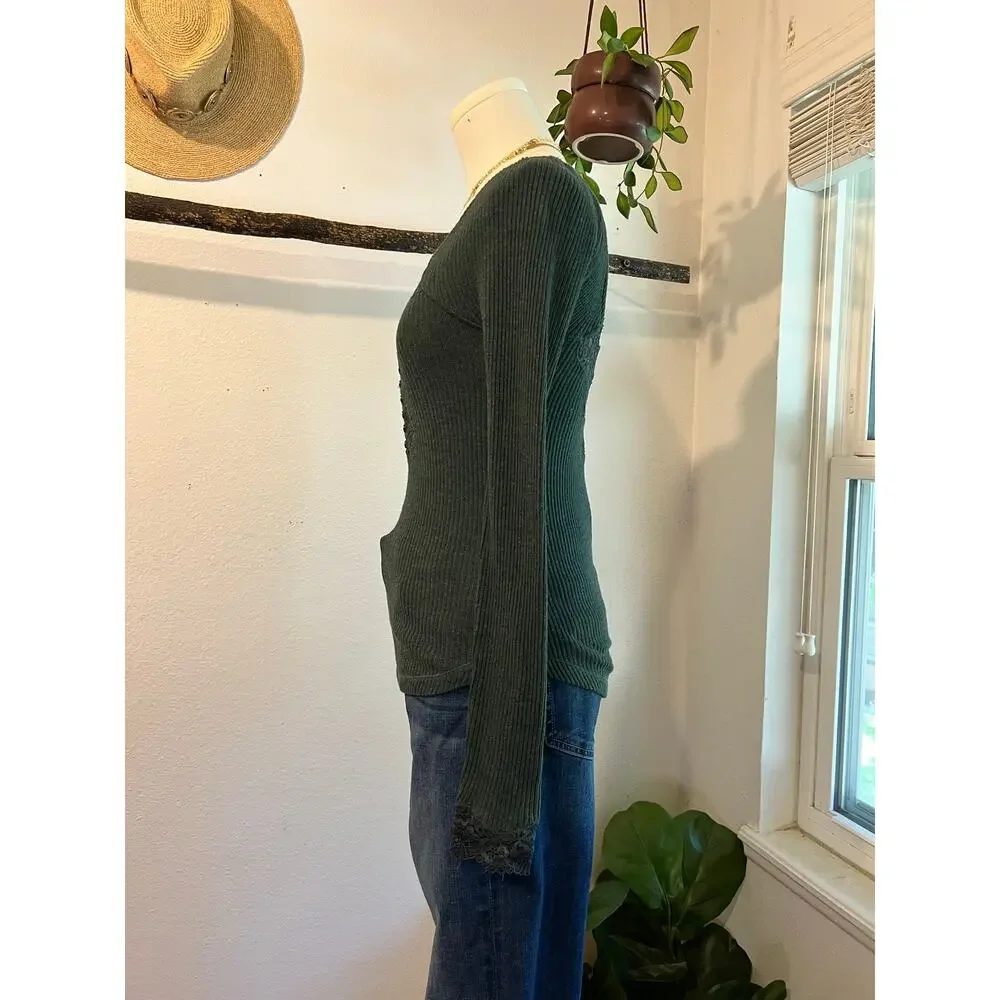 Free People To The West Green Henley Long Sleeve Lace Top Size XS